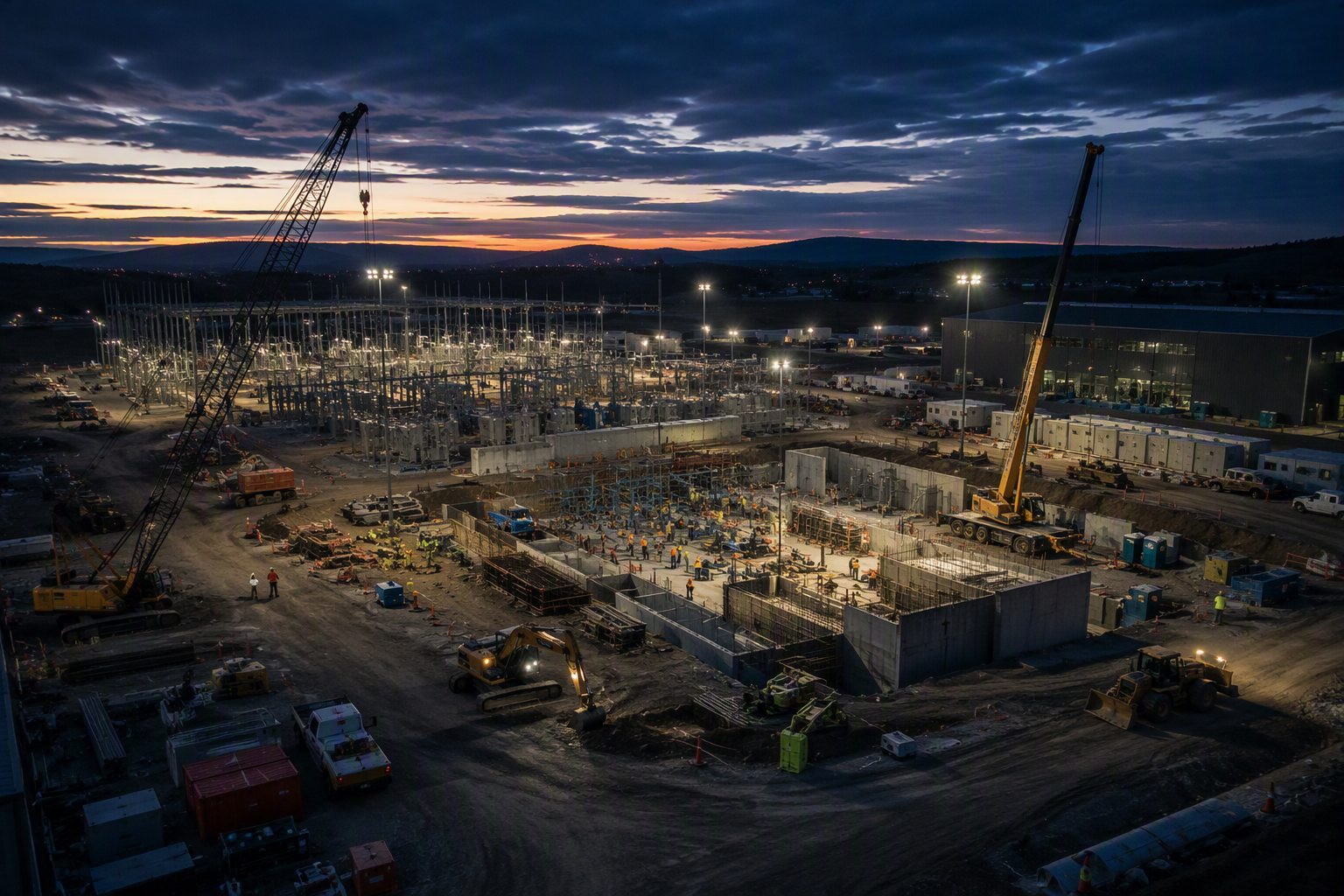 Power infrastructure construction site at dusk
