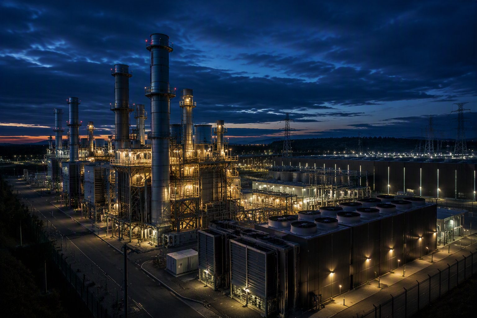 Natural gas power generation facility at night